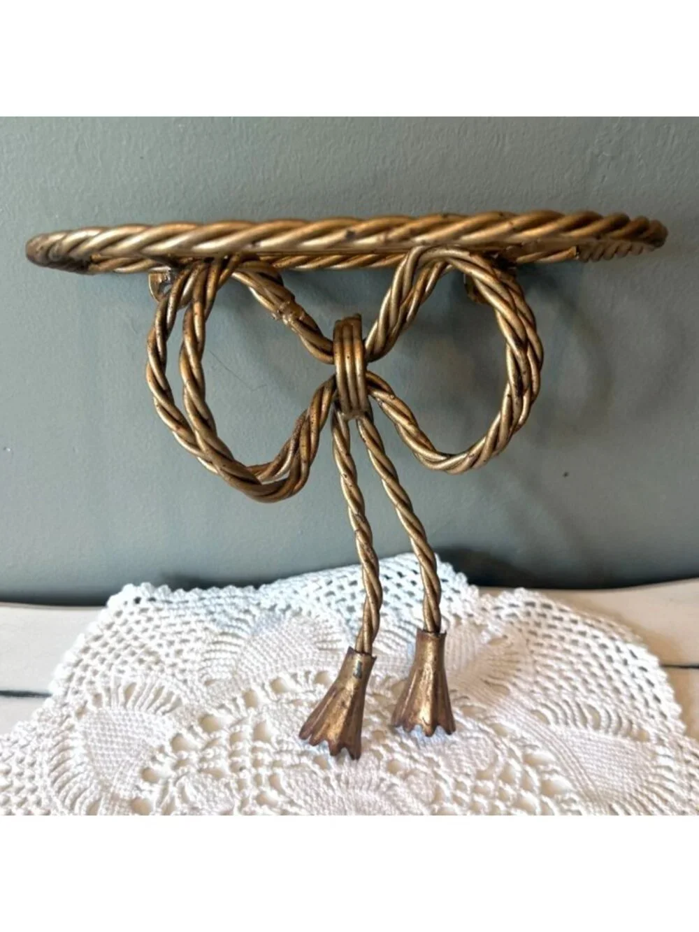 Vintage Gold Metal Bow Wall Shelf Twisted Rope Tassel Hollywood Regency